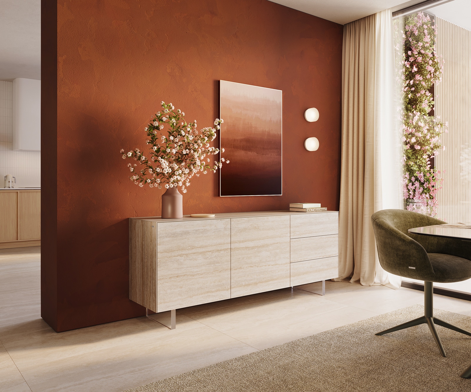 Sideboard Cuor 180 cm Keramik Laminam® Travertino Bianco Creme-Weiß 2 Türen 3 Schubfächer Fuß Schwebeoptik Acrylglas von DELIFE
