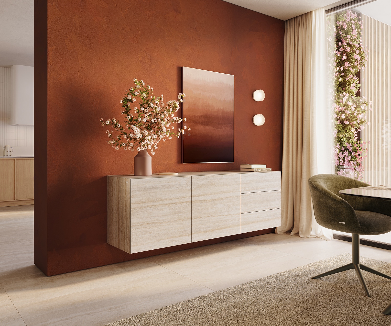Sideboard Cuor 180 cm Keramik Laminam® Travertino Bianco Creme-Weiß 2 Türen 3 Schubfächer Schwebend von DELIFE