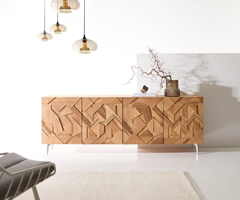 Sideboard Dareios 200 cm Ulme Natur 3D Effekt 4 Türen Winkelfuß Edelstahl von DELIFE