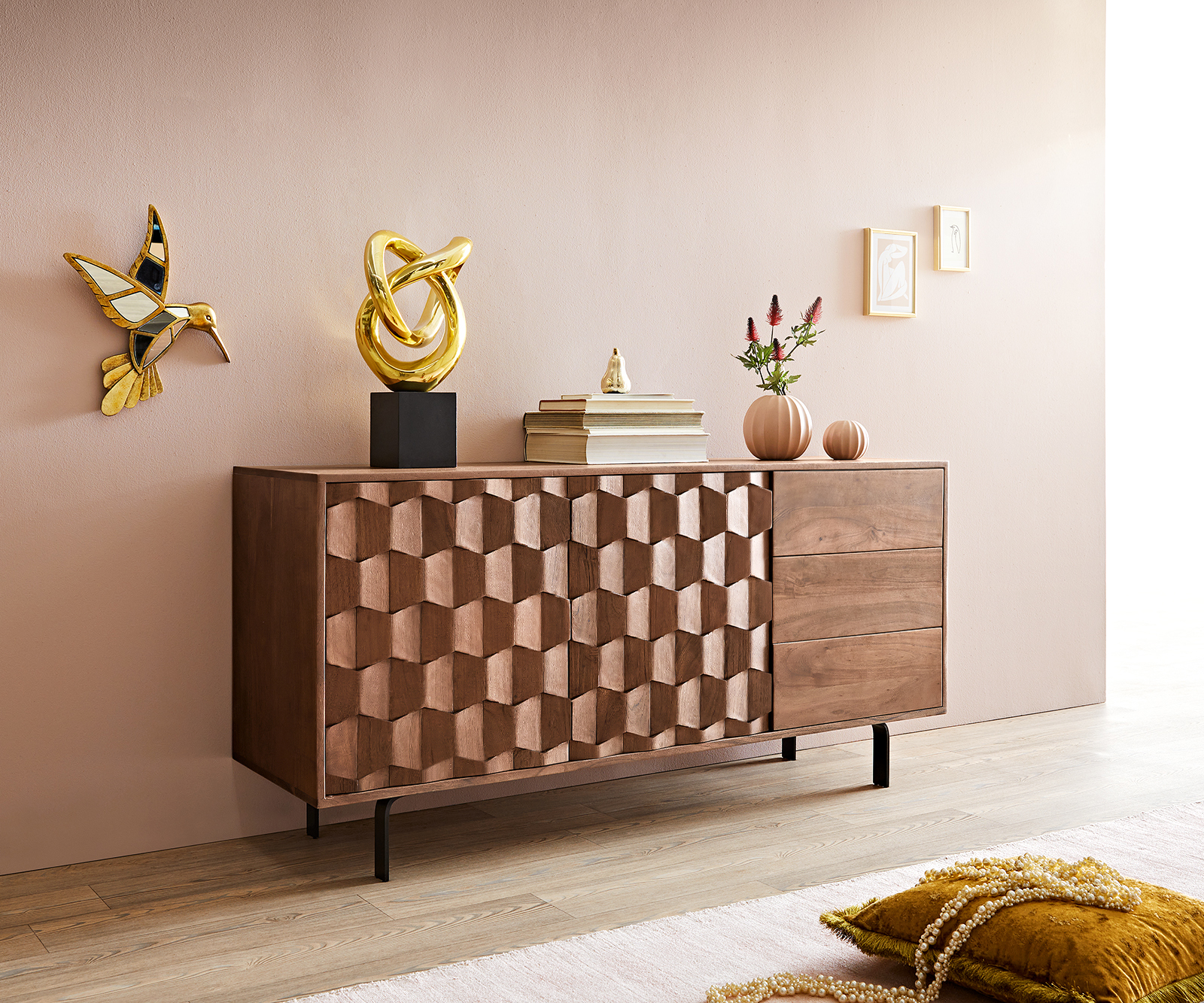 Sideboard Fevo 145 cm Akazie Braun 2 Türen 3 Schubfächer L-Fuß von DELIFE