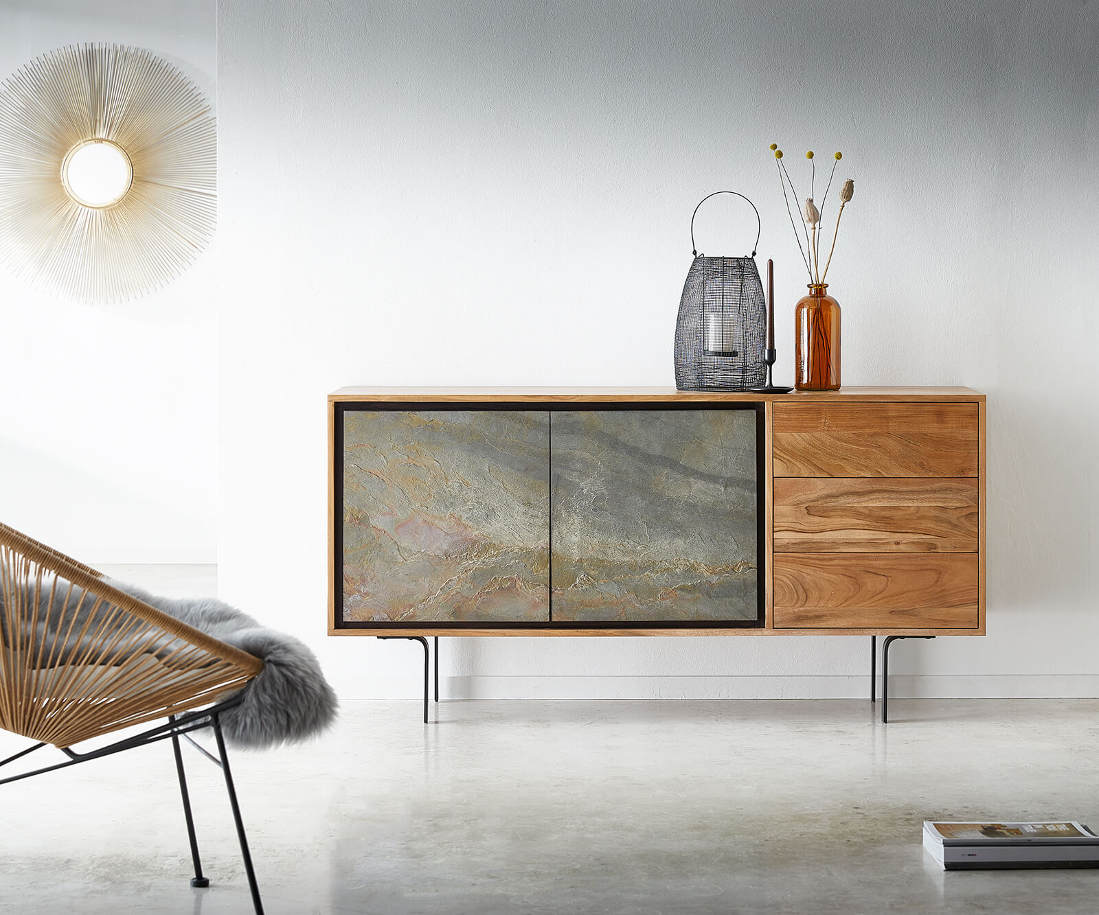 Sideboard Juwelo 150 cm Akazie Natur mit Steinfurnier von DELIFE