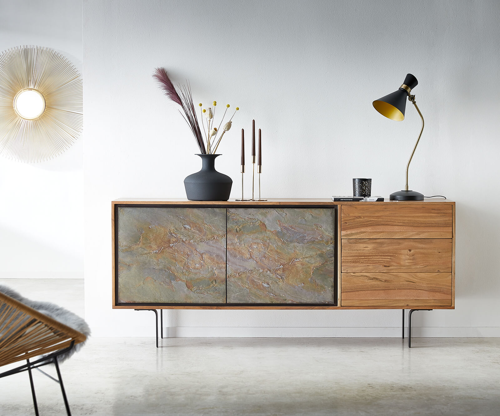 Sideboard Juwelo 175 cm Akazie Natur mit Steinfurnier von DELIFE