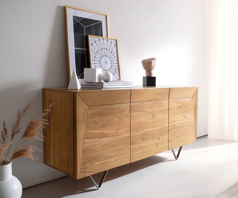 Sideboard Kayu 145x40x70 cm Akazie Natur 3 Türen V-Fuß von DELIFE