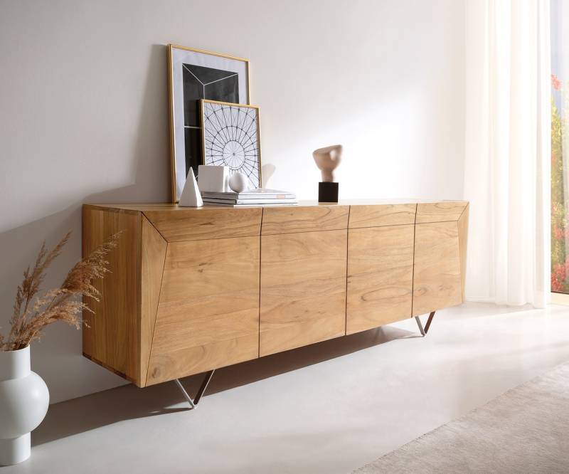 Sideboard Kayu 200x40x70 cm Akazie Natur 4 Türen V-Fuß von DELIFE
