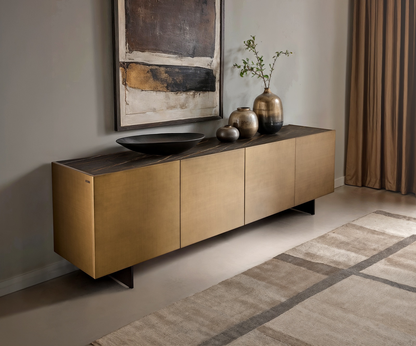 Sideboard Kazu 220 cm Metallic Gold 4 Türen schwebend Metall Schwarz Keramik Laminam®Noir Desir Braun von DELIFE