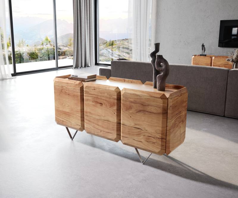 Sideboard Kiano 145 cm Akazie Natur 3 Türen V-Fuß Edelstahl Raumteiler von DELIFE