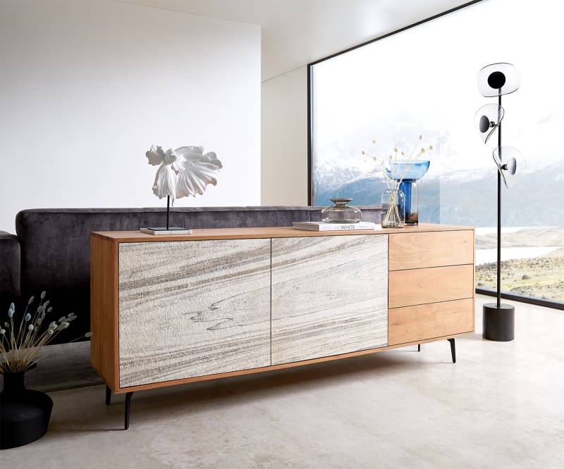 Sideboard Kleo 175 cm Akazie Natur 2 Türen 3 Schübe Winkelfuß Metall Schwarz von DELIFE