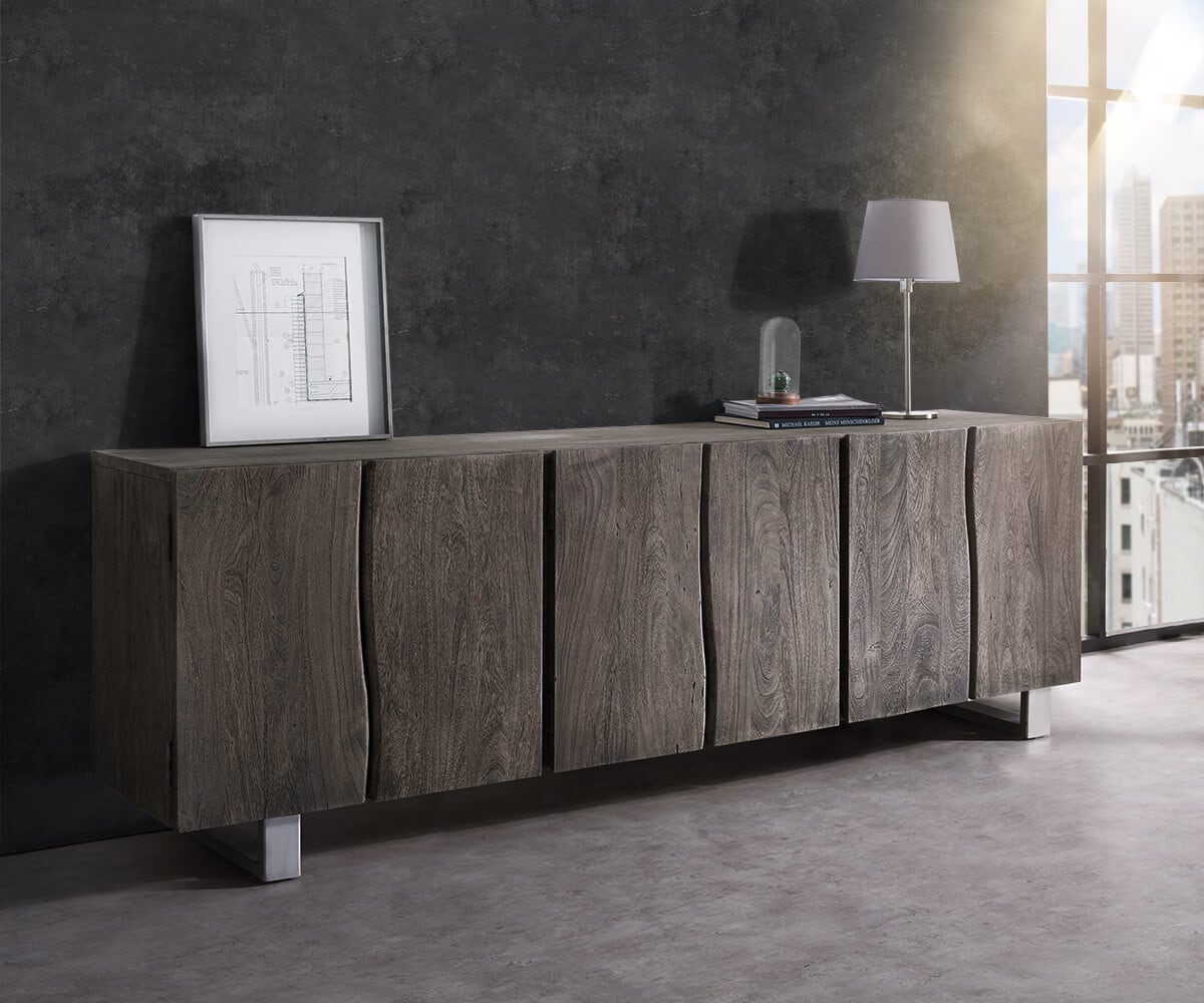 Sideboard Live-Edge 220 cm Akazie Platin massiv 6 Türen von DELIFE