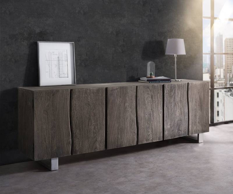 Sideboard Live-Edge 220 cm Akazie Platin massiv 6 Türen von DELIFE