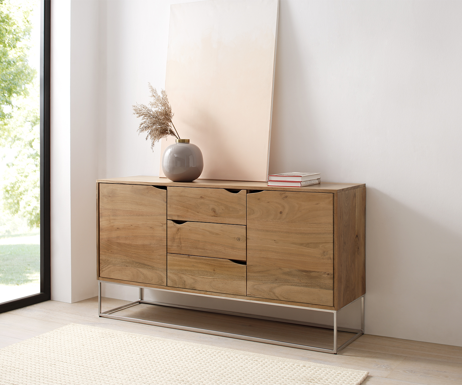 Sideboard Loca 140x39 cm Akazie Natur 3 Schübe 2 Türen von DELIFE