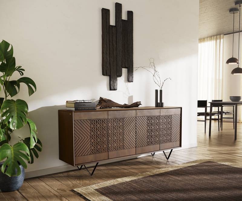 Sideboard Manjula 170 cm Mango Braun 4 Türen V-Fuß Metall Schwarz von DELIFE