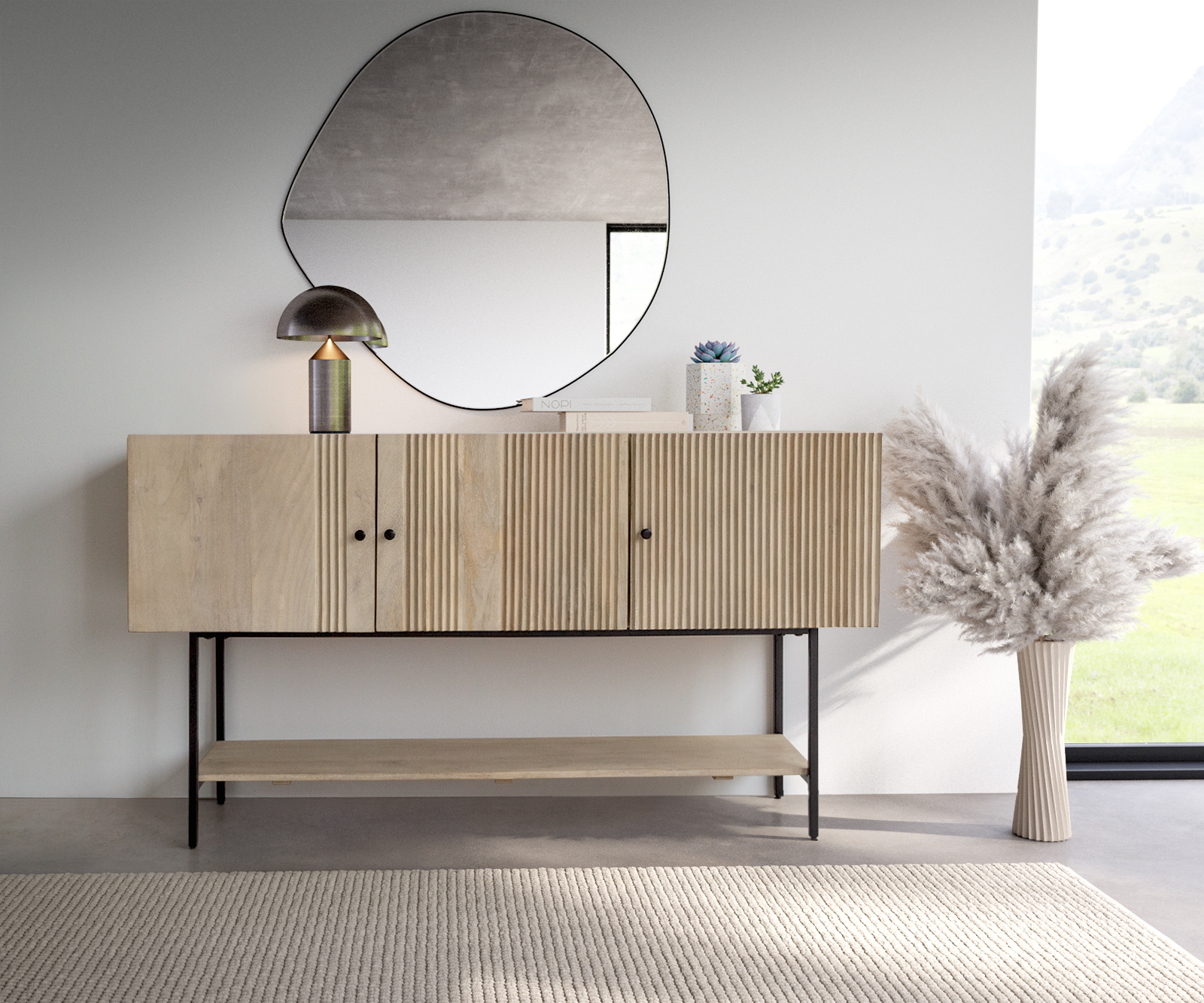 Sideboard Nencia 165 cm  Mango White Wash Metall Schwarz 3 Türen von DELIFE