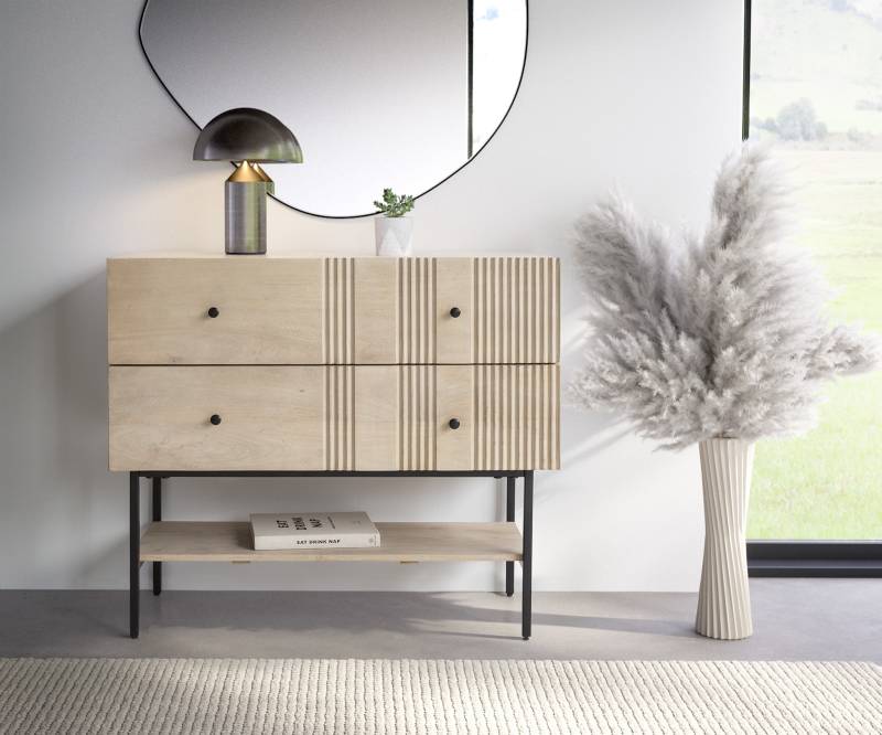 Sideboard Neria 100 cm Mango White Wash Metall Schwarz 2 Schubladen von DELIFE