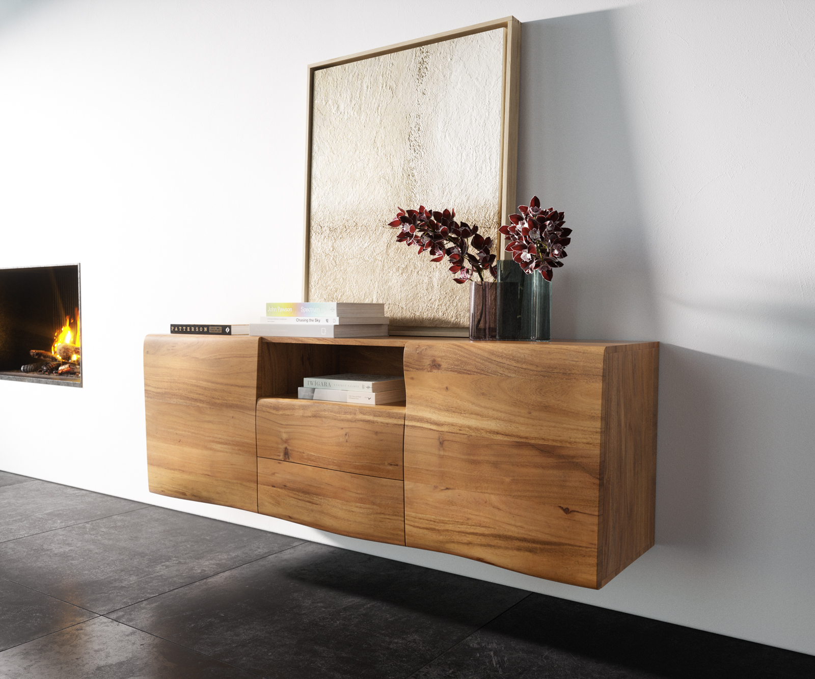 Sideboard New Live-Edge 145 cm Akazie Natur 2 Türen 2 Schubladen 1 Fach schwebend von DELIFE