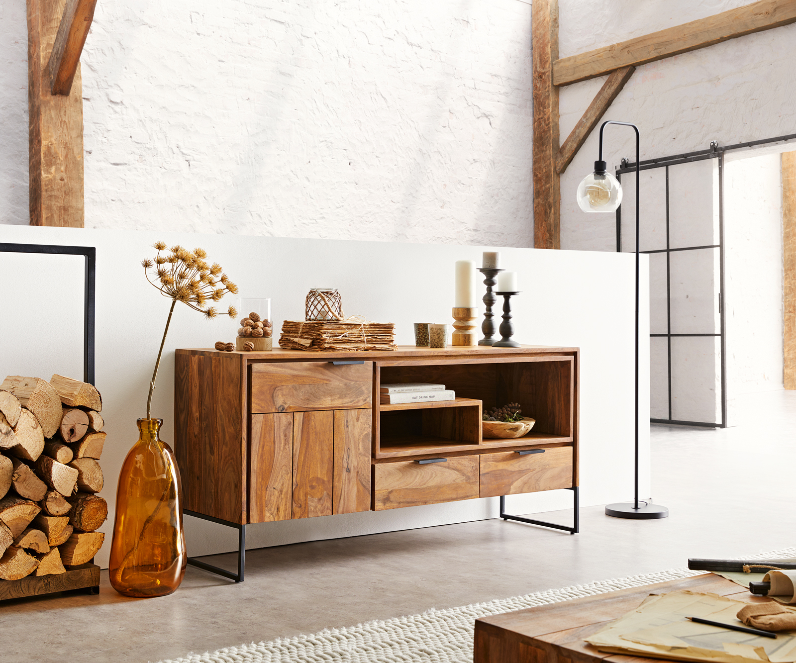 Sideboard Nook 145 cm Sheesham Natur 1 Tür 2 Schübe von DELIFE