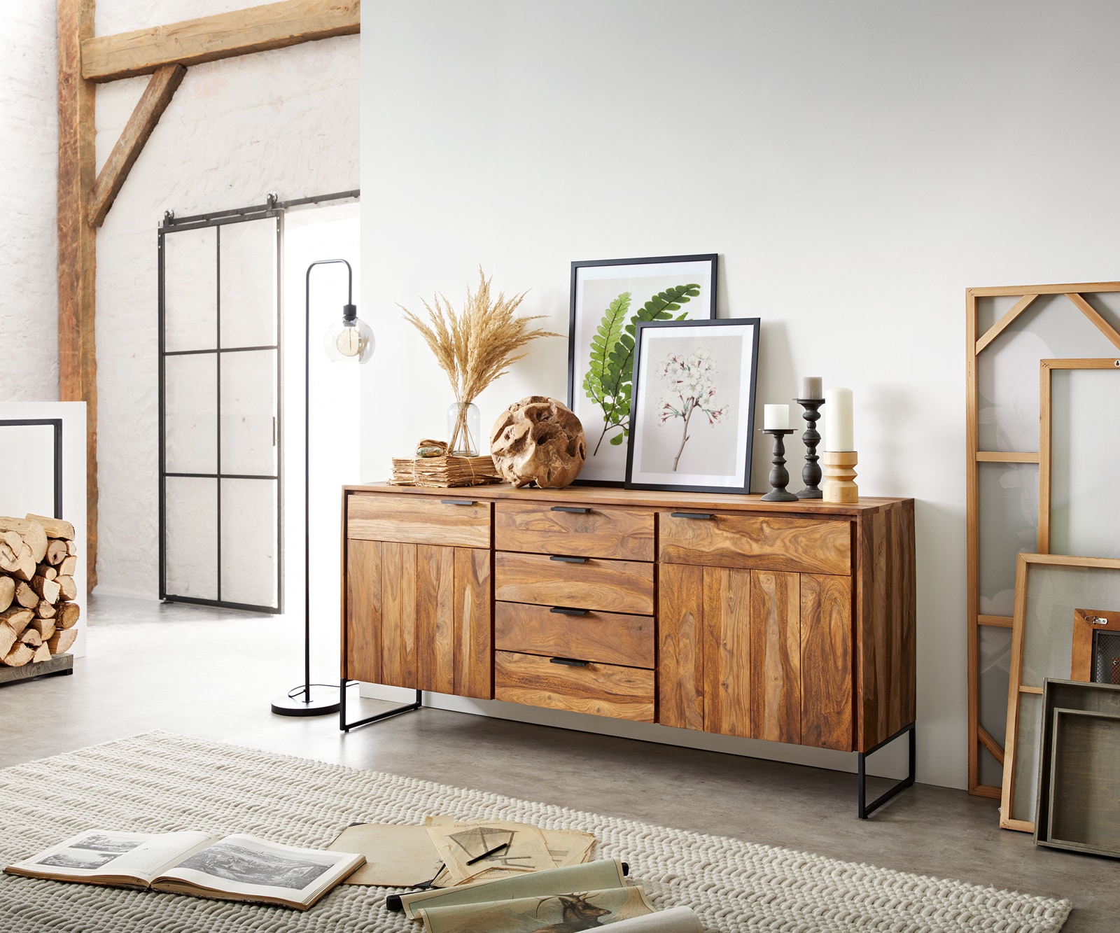 Sideboard Nook 180 cm Sheesham Natur 2 Türen 4 Schübe von DELIFE