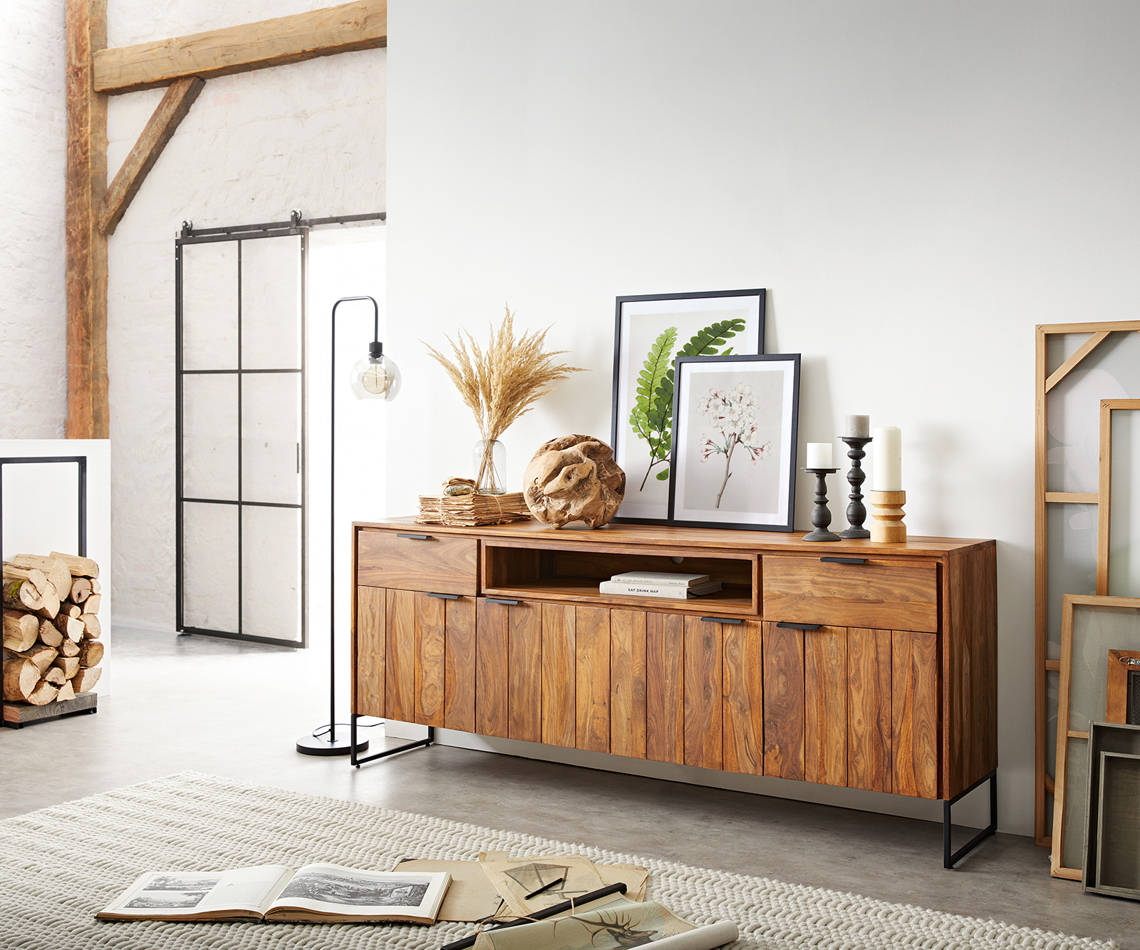 Sideboard Nook 200 cm Sheesham Natur 4 Türen 2 Schübe von DELIFE