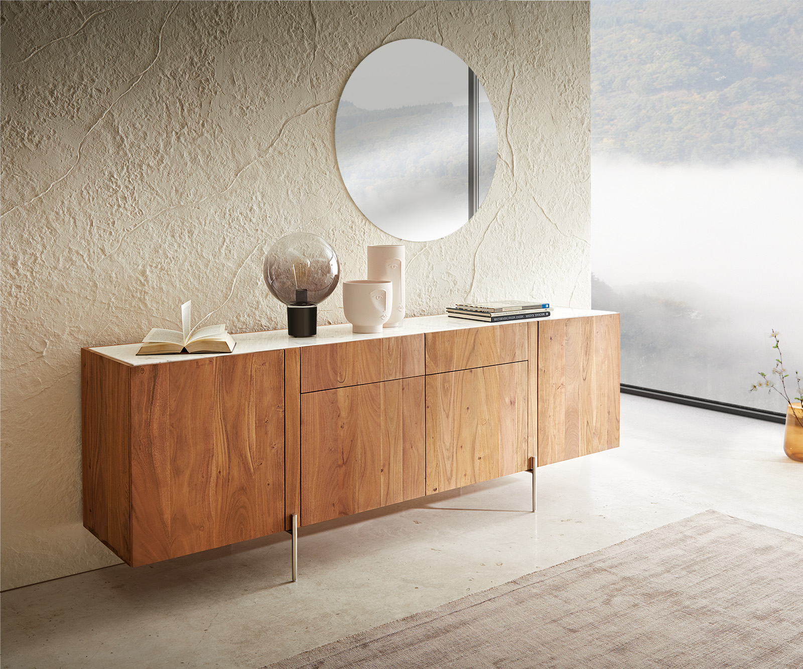 Sideboard Secara 200 cm Akazie Natur 4 Türen 2 Schübe Marmor Füße Edelstahl von DELIFE