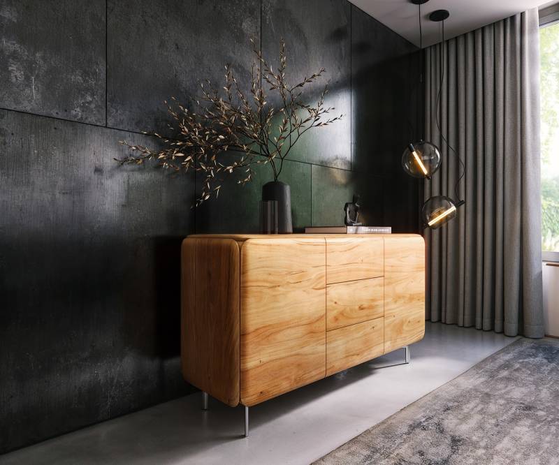 Sideboard Shavani 145 cm Akazie Natur 2 Türen 3 Schubladen Fuß Oval Edelstahl von DELIFE
