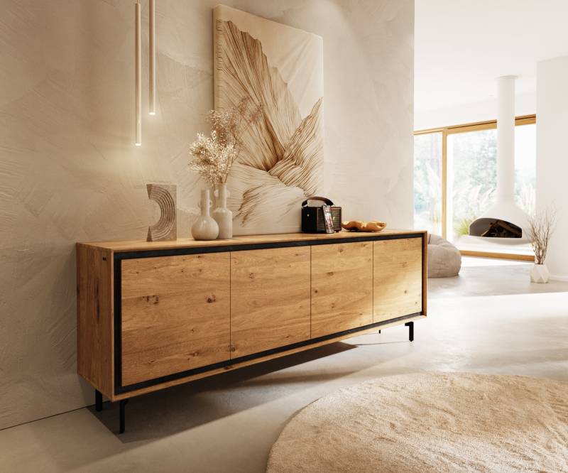 Sideboard Stonegrace 200 cm Eiche Natur 4 Türen Fuß Oval Metall Schwarz von DELIFE