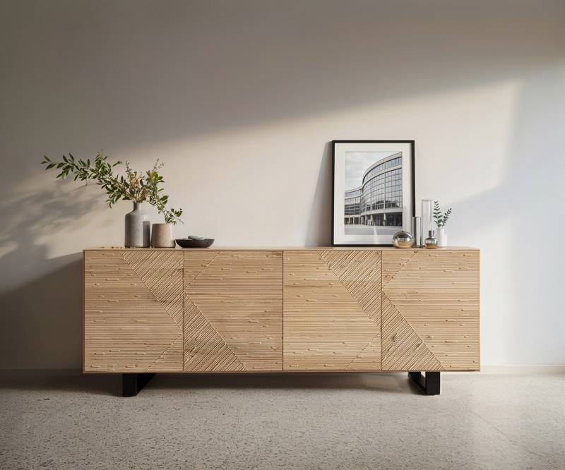 Sideboard Tereos 200 cm Eiche Natur 3D Effekt 4 Türen Kufe Metall Schwarz Sideboard Tereos 200 cm Eiche Natur 3D Effekt 4 Türen Kufe Metall Schwarz von DELIFE