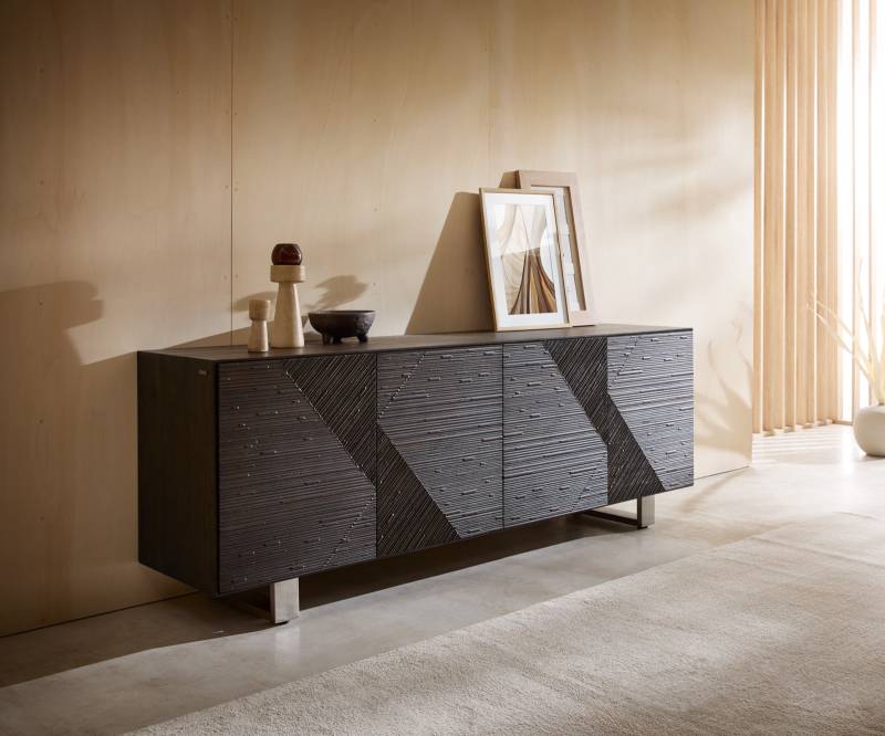 Sideboard Tereos 200 cm Esche Dunkelbraun 3D Effekt 4 Türen Kufe Edelstahl gebürstet von DELIFE