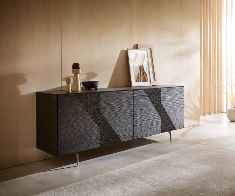 Sideboard Tereos 200 cm Esche Dunkelbraun 3D Effekt 4 Türen Winkelfuß Edelstahl gebürstet von DELIFE