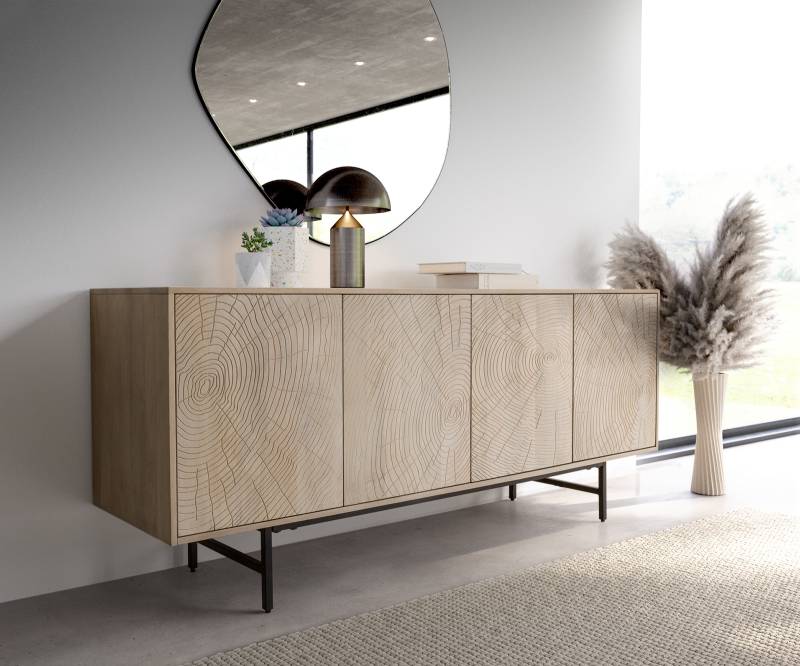 Sideboard Wiara 180 cm Mango White Wash Metall Schwarz 4 Türen von DELIFE