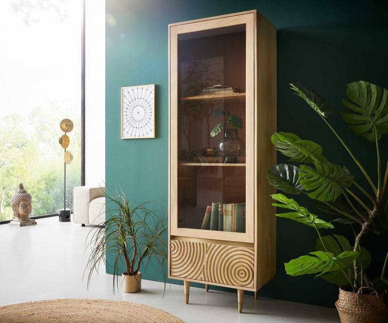 Vitrine Budaya 60x165 cm Mango Natur 2 Türen Fuß rund von DELIFE