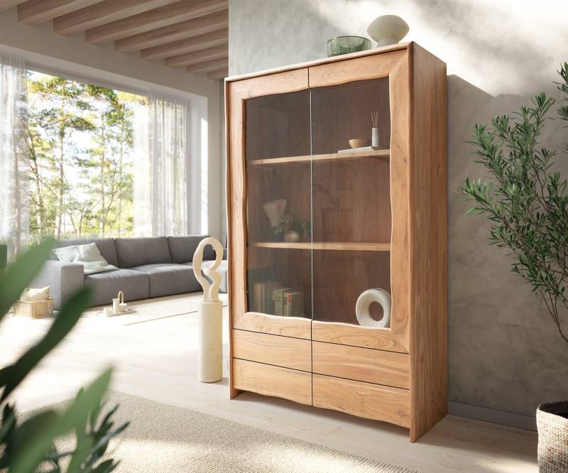 Vitrine Live-Edge 120x190 cm Akazie Natur 2 Türen 4 Schubladen Massiv von DELIFE