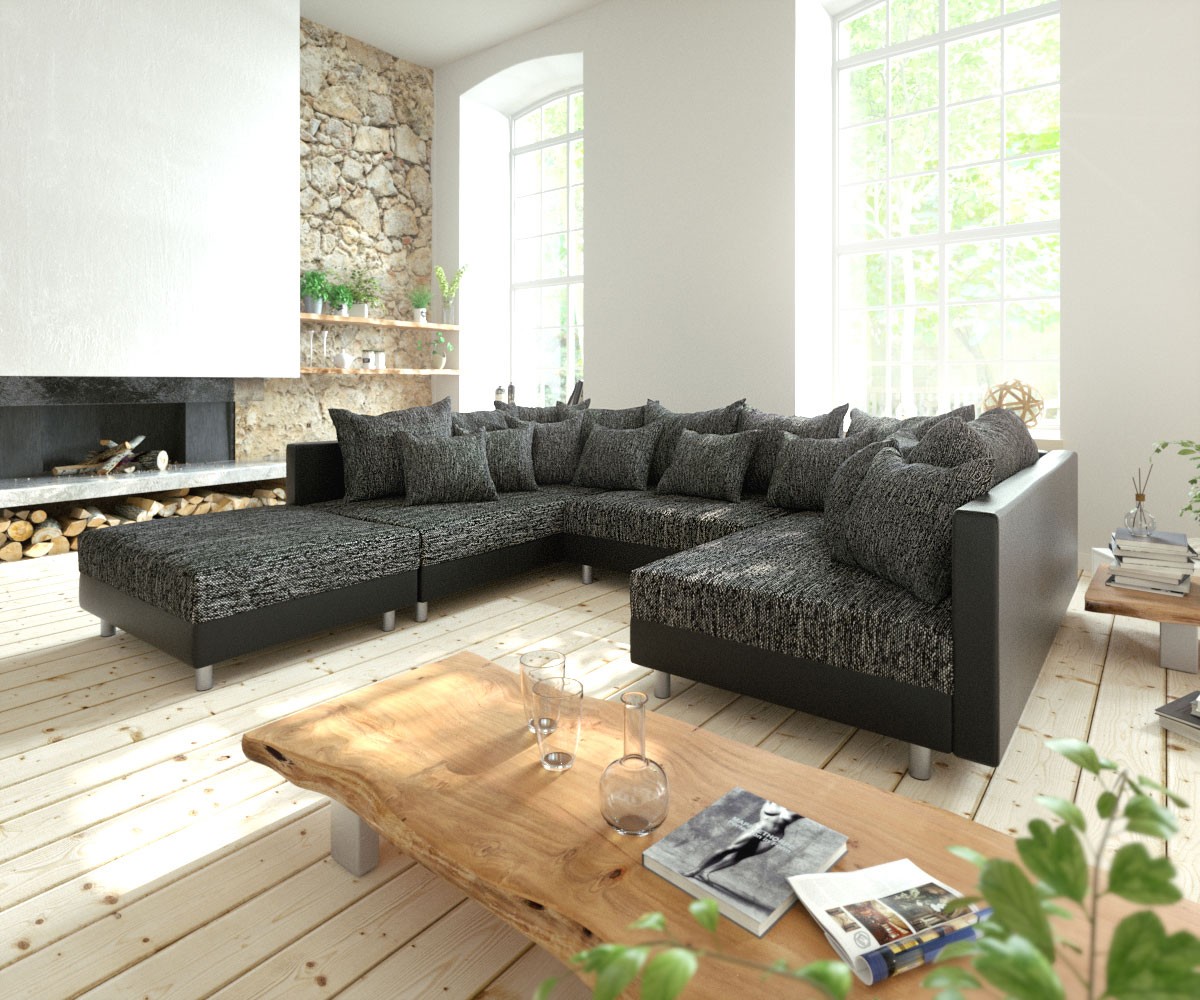 Wohnlandschaft Clovis Schwarz Modulsofa mit Hocker von DELIFE