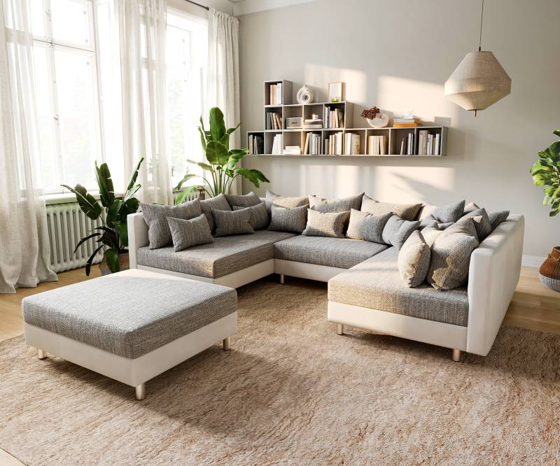 Wohnlandschaft Clovis Weiss Hellgrau Modulsofa Hocker von DELIFE