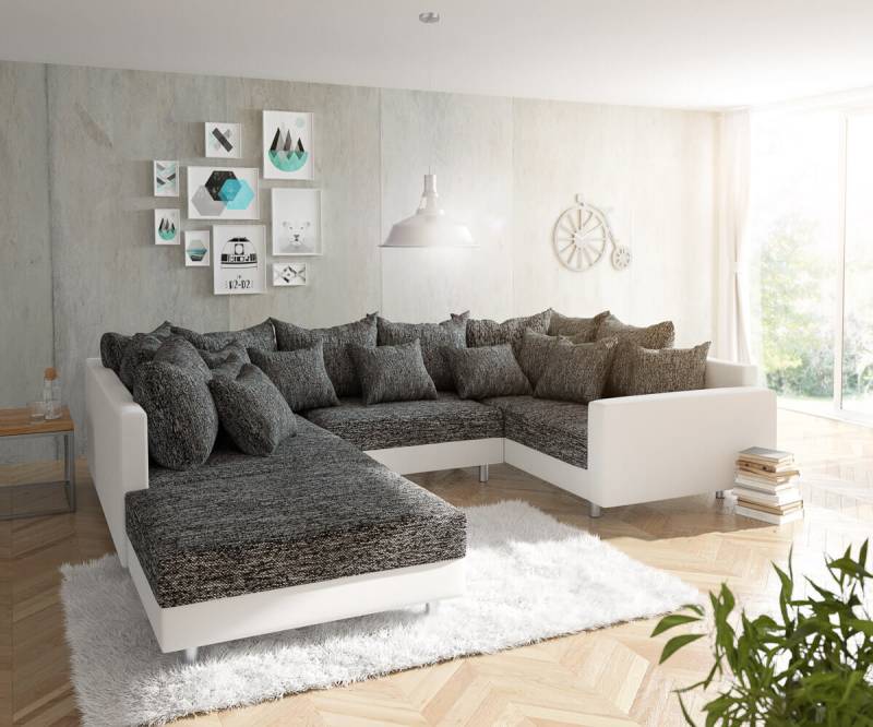 Wohnlandschaft Clovis Weiss Schwarz mit Hocker und Armlehne von DELIFE