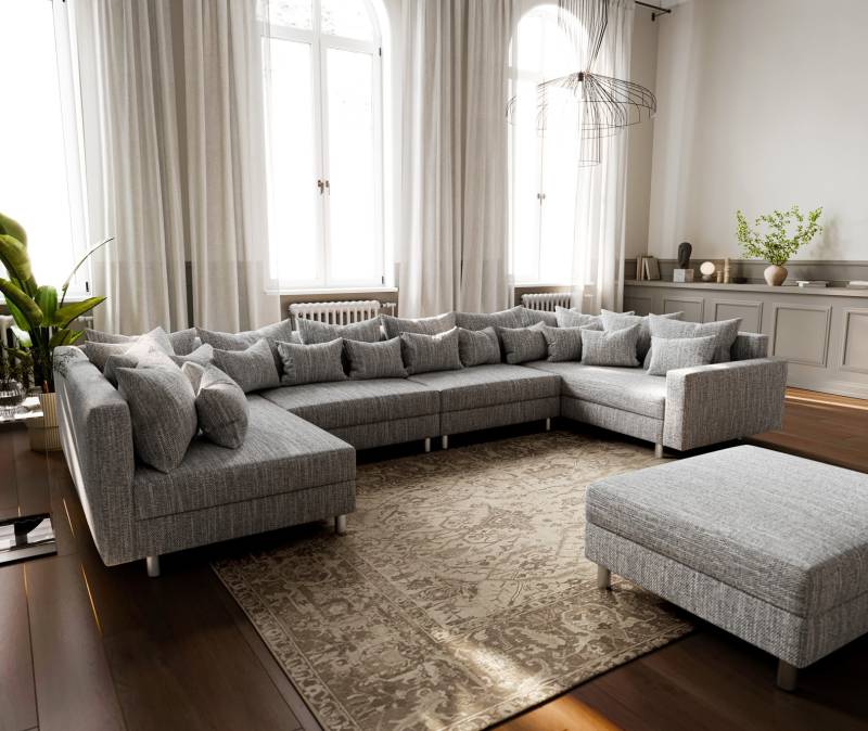 Wohnlandschaft Clovis XL Hellgrau Strukturstoff Hocker Armlehne Modul von DELIFE