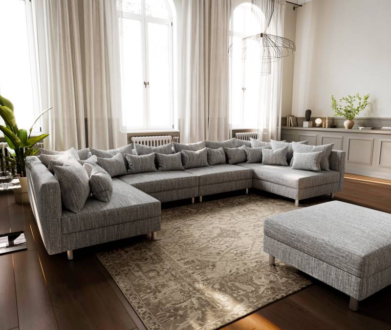 Wohnlandschaft Clovis XL Hellgrau Strukturstoff Modulsofa Hocker von DELIFE