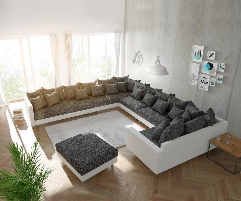 Wohnlandschaft Clovis XXL Weiss Schwarz mit Hocker und Armlehne Ottomane Links von DELIFE