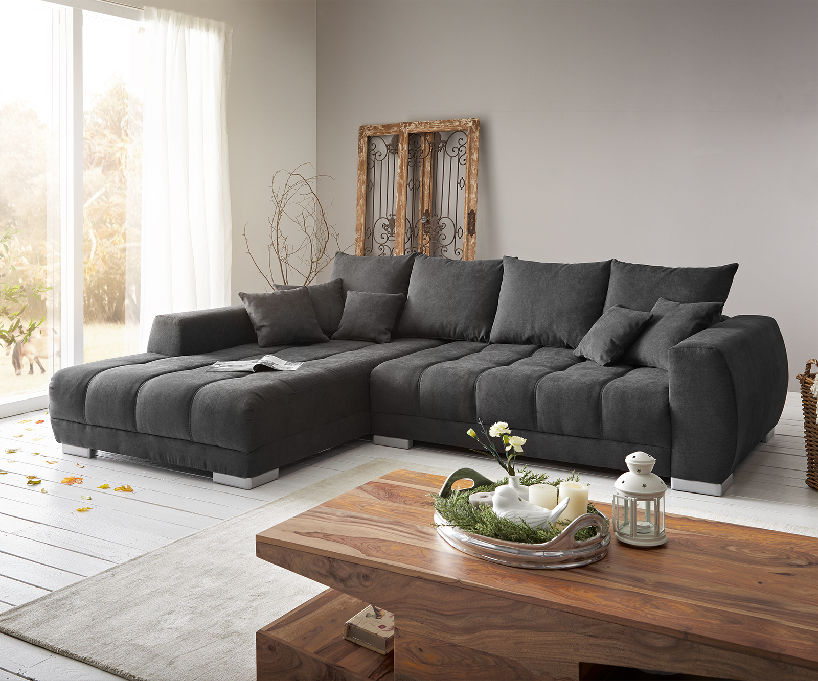 Ecksofa Josea 300x220 cm Mikrofaser Schwarz Recamiere links von DELIFE