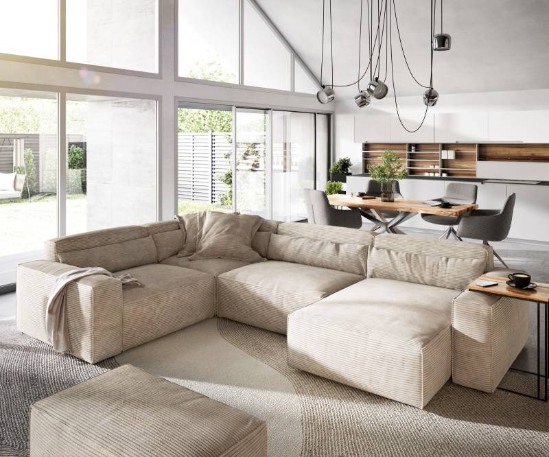 Wohnlandschaft Sirpio 300x210 cm Cord Beige Recamiere variabel mit Hocker von DELIFE