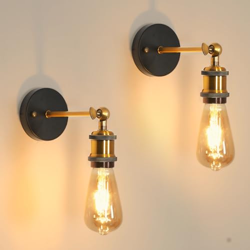 2 Stück Industrielle Vintage Wandleuchte Innen, 180° Drehbare E27 Metal Wandlampe Retro, Goldene Schwarz Wandleuchten für Schlafzimmer, Wohnzimmer, Treppen, Flur, Esszimmer (Ohne Leuchtmittel) von DELIPOP