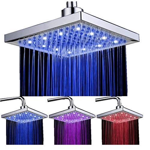 Duschkopf Regendusche 8 Zoll, Regenduschkopf 20x20cm Eckig, Temperatur Control 3 Farbwechsel Wasser Flow Powered Top Sprühduschkopf, ABS Chrome Finish 12 LEDs, Langlebig Und KorrosionsbestäNdig von DELIPOP