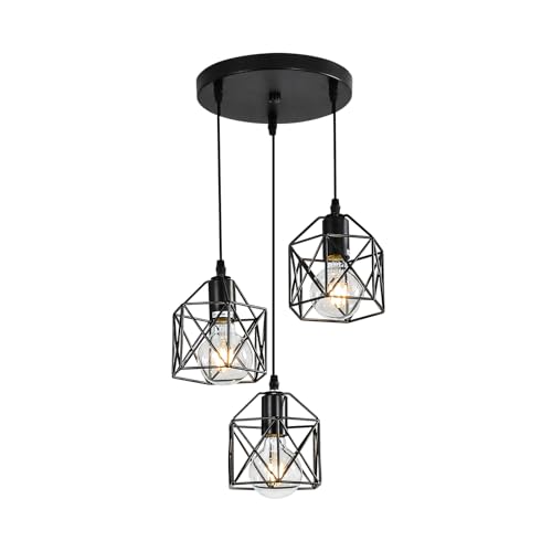 DELIPOP Vintage Pendelleuchte 3-flammig, Retro Hängelampe Deckenleuchter Metallschirm E27 Schwarz, Industrial Hängeleuchte geeignet für Wohnzimmer, Esszimmer und Schlafzimmer von DELIPOP