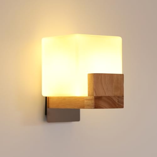 DELIPOP Wandlampe Holz, Wandleuchte Im Europäische G9 Glasschirm Dreifarben-Lichtquelle, Die Moderne Minimalistische Wandleuchte Ist Geeignet für Schlafzimmer, Wohnzimmer, Arbeitszimmer, Küche, Diele von DELIPOP