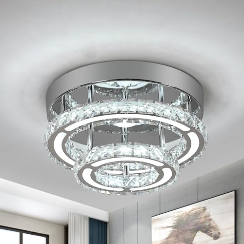 DELIPOP Moderne Kristall Kronleuchter LED, 30W 2 Schichten Flush Mount Deckenlampe, Deckenleuchte Runde, Pendelleuchte Hängelampe für Wohnzimmer Schlafzimmer Esszimmer Küche (Kaltweiß 6500K) von DELIPOP