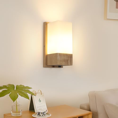 DELIPOP Wandleuchte Holz Innen, E27 Wandlampe Innen Vintage mit Glas Lampenschirm, Moderne Wandbeleuchtung für Schlafzimmer Wohnzimmer Flur Treppenhaus von DELIPOP