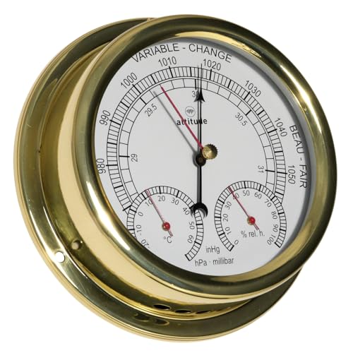 Barometer/Thermometer/Hygrometer Altitude, Messing poliert, Glas aus PMMA Acryl, Durchmesser 150 mm, Tiefe 42 mm, made in Dänemark von DELITE