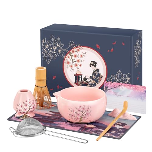 DELLAN Matcha-Schneebesen-Set, Matcha-Herstellungs-Set mit Keramik-Matcha-Schüssel, Schneebesen und Halter, Bambusschaufel, Schaufelablage, Sieb, Geschirrtuch und Grußkarte, 8-teiliges Matcha-Set von DELLAN