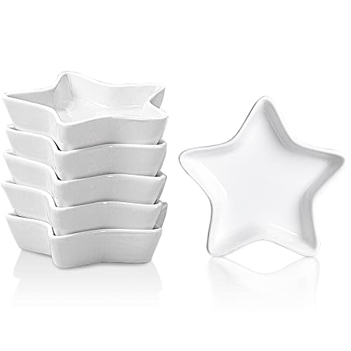 DELLING Star Sojasauce Dish Dip-Schüsseln/Schale, Keramik-Dip-Saucenbecher für Sojasauce, Sushi-Sauce, Gewürze, BBQ, kleine Prisenschalen, 6er-Set, weiß, 37 ml von DELLING