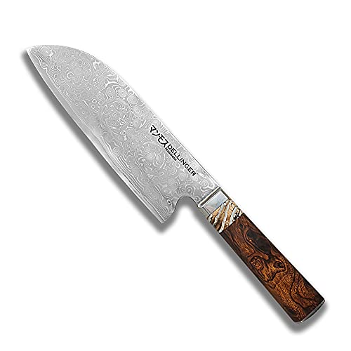 DELLINGER SANTOKU MANMOSU - Kochmesser, Fleischmesser & Japanischer Stahl VG-10 & 67 Lagen Damaststahl & Westerngriff aus Desert Iron Wood mit einem Stück Fossil von einem Mammutstuhl, Klinge 180 mm von DELLINGER