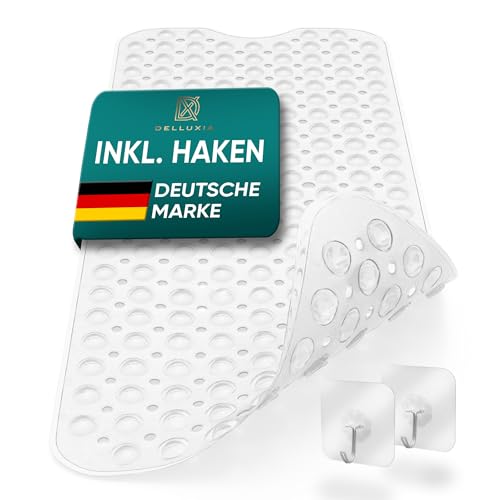 Delluxia Badewannenmatte rutschfest 100 x 40 cm inkl. 2 Haken, Antirutschmatte Badewanne Badematte rutschfest Duschmatte rutschfest, BPA frei von DELLUXIA