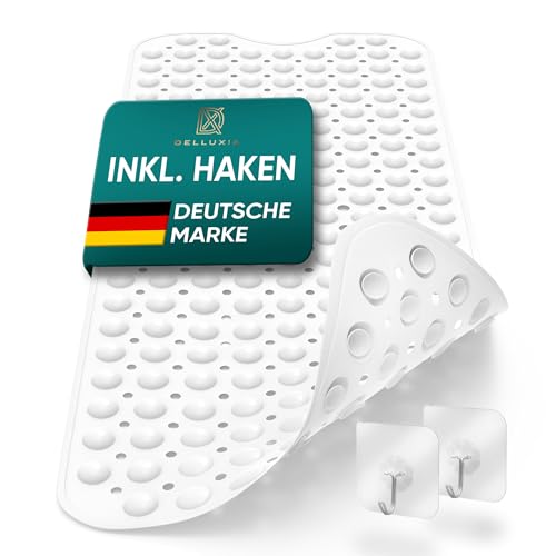 Delluxia Badewannenmatte rutschfest 100 x 40 cm inkl. 2 Haken, Antirutschmatte Badewanne Badematte rutschfest Duschmatte rutschfest, BPA frei von DELLUXIA